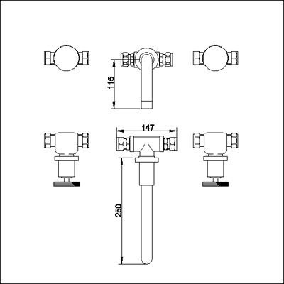 Technical image of Ultra Reno 3 Tap hole wall mounted bath filler.