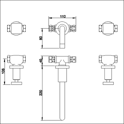 Technical image of Ultra Milo 3 Tap hole wall mounted basin mixer.