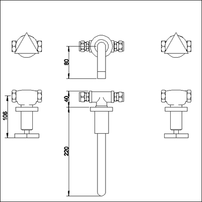 Technical image of Ultra Isla 3 Tap hole wall mounted basin mixer.