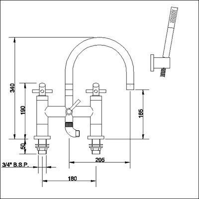 Technical image of Ultra Scope Bath shower mixer with swivel spout and shower kit.