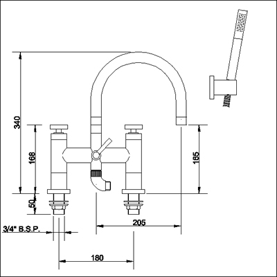 Technical image of Ultra Milo Bath shower mixer with swivel spout and shower kit.