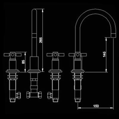 Technical image of Hudson Reed Tec Cross head 3 Tap Hole Basin Mixer + Pop Up Waste