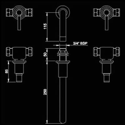 Technical image of Hudson Reed Tec Lever 3 Tap Hole Wall Mounted Bath Mixer