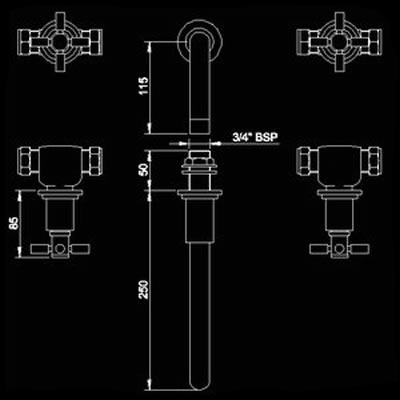 Technical image of Hudson Reed Tec Cross head 3 Tap Hole Wall Mounted Bath Mixer