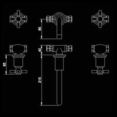 Technical image of Hudson Reed Tec Cross head 3 Tap Hole Wall Mounted Basin Mixer