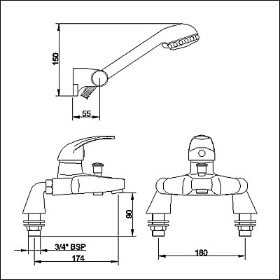 Technical image of Ultra Filo Single lever deck mounted bath shower mixer.