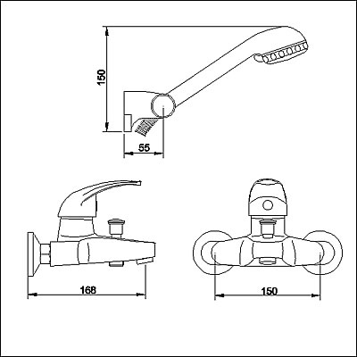 Technical image of Ultra Filo Single lever wall mounted bath shower mixer.