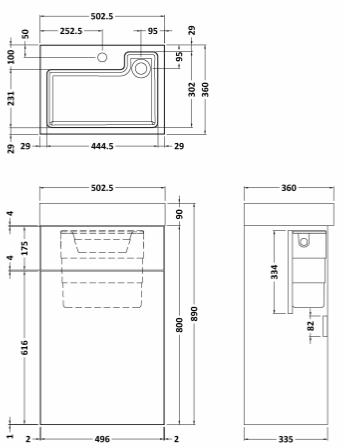 Technical image of Nuie Furniture 2 In 1 BTW Unit With Basin & Cistern 500mm (Gloss White).