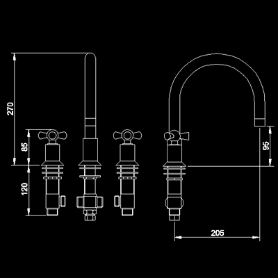 Technical image of Hudson Reed Vienna 3 Tap hole bath filler with swivel spout