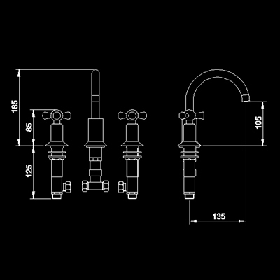 Technical image of Hudson Reed Milan 3 Tap hole basin mixer with swivel spout + free waste