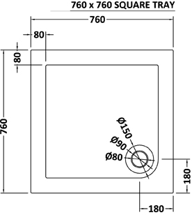 Technical image of Ultra Pearlstone Low Profile Square Shower Tray. 760x760x45mm.