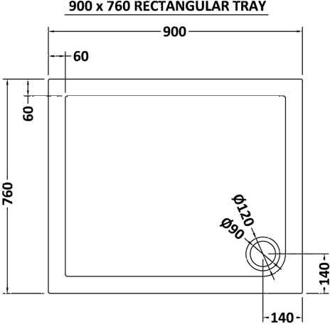 Technical image of Ultra Pearlstone Low Profile Rectangular Shower Tray. 900x760x40mm.