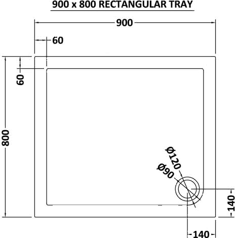 Technical image of Ultra Pearlstone Low Profile Rectangular Shower Tray. 900x800x40mm.