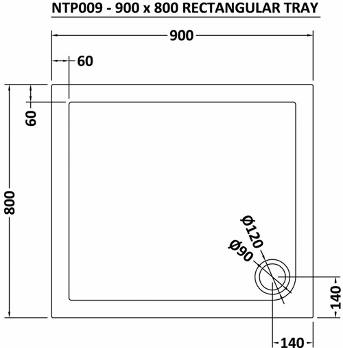 Technical image of Hudson Reed Pearlstone Trays Low Profile Shower Tray. 900x800x40mm.