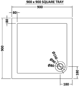 Technical image of Ultra Pearlstone Low Profile Square Shower Tray. 900x900x45mm.