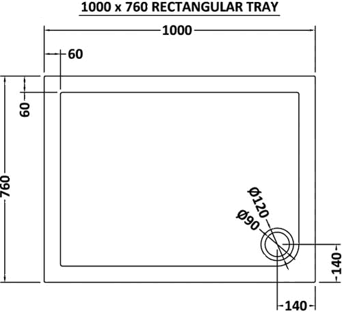 Technical image of Ultra Pearlstone Low Profile Rectangular Shower Tray. 1000x760x40mm.