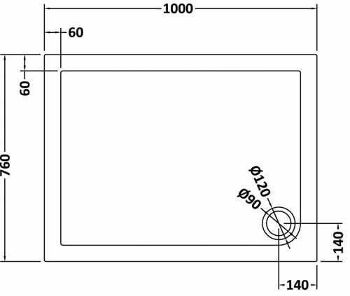 Technical image of Hudson Reed Pearlstone Trays Low Profile Shower Tray. 1000x760x40mm.