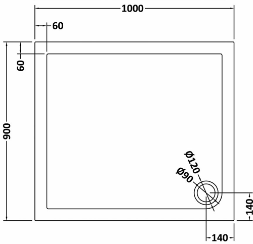 Technical image of Hudson Reed Pearlstone Trays Low Profile Shower Tray. 1000x900x40mm.