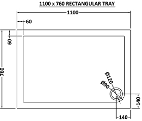 Technical image of Ultra Pearlstone Low Profile Rectangular Shower Tray. 1100x760x40mm.