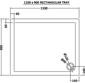 Technical image of Ultra Pearlstone Low Profile Rectangular Shower Tray. 1100x900x40mm.