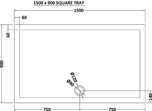 Technical image of Ultra Pearlstone Low Profile Rectangular Shower Tray. 1500x900x40mm.