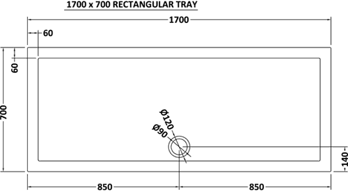 Technical image of Ultra Pearlstone Low Profile Rectangular Shower Tray. 1700x700x40mm.