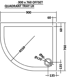 Technical image of Ultra Pearlstone Low Pro Offset Quad Shower Tray. 900x760x40. Left Handed.