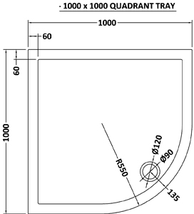 Technical image of Ultra Pearlstone Low Profile Quadrant Shower Tray. 1000x1000x40mm.