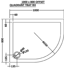 Technical image of Ultra Pearlstone Low Pro Offset Quad Shower Tray. 1000x800x40. Right Hand.