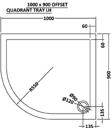 Technical image of Ultra Pearlstone Low Pro Offset Quad Shower Tray. 1000x900x40. Left Handed.