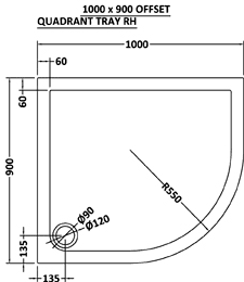 Technical image of Ultra Pearlstone Easy Plumb Offset Quad Shower Tray. 1000x900x40mm (RH).