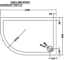 Technical image of Ultra Pearlstone Low Pro Offset Quad Shower Tray. 1200x800x40. Left Handed.