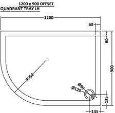 Technical image of Ultra Pearlstone Low Pro Offset Quad Shower Tray. 1200x900x40. Left Handed.