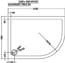 Technical image of Ultra Pearlstone Low Pro Offset Quad Shower Tray. 1200x900x40. Right Hand.