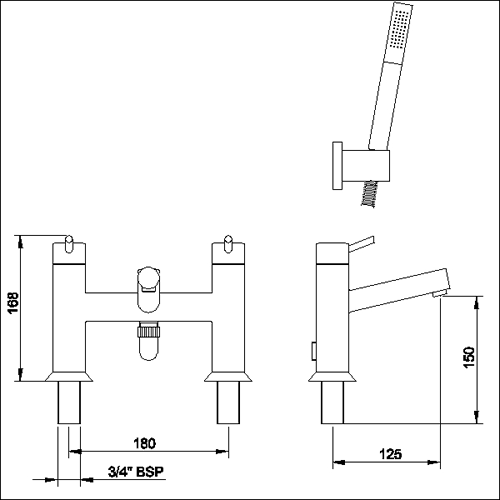 Technical image of Hudson Reed Kia Bath shower mixer with shower kit