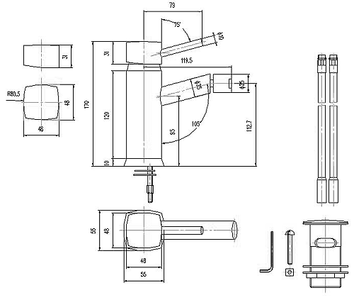 Technical image of Hudson Reed Jule Mono bidet mixer + free sprung basin waste