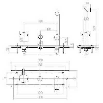 Technical image of Hudson Reed Kia Wall Mounted Single Lever Bath Shower Mixer & Shower Kit.