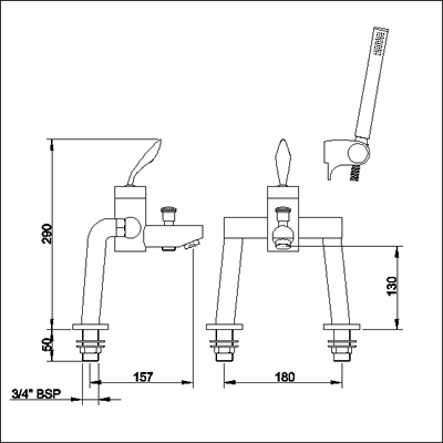 Technical image of Ultra Flame Single lever deck mounted bath shower mixer.