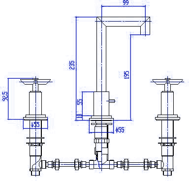 Technical image of Hudson Reed P-zazz Cross Head 3 Tap Hole Basin Mixer, Pop Up Waste.