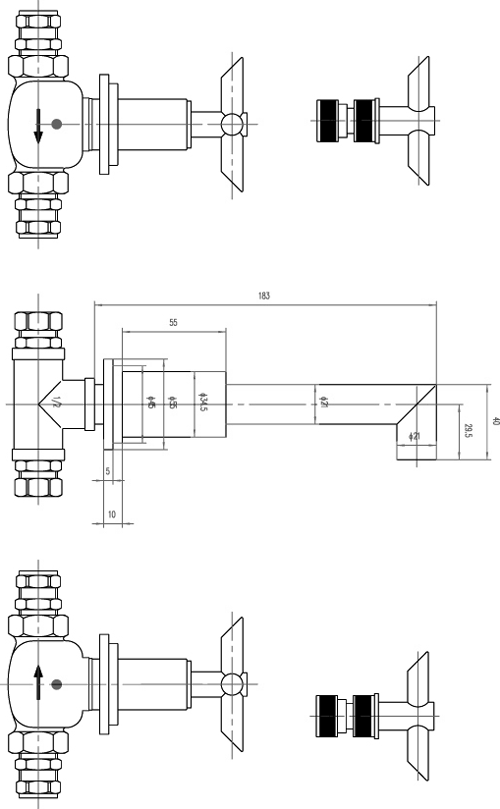 Technical image of Hudson Reed P-zazz Cross Head 3 Tap Hole Wall Mounted Basin Mixer Tap.