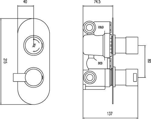 Technical image of Hudson Reed Rapid 3/4" Twin Thermostatic Shower Valve With Diverter.