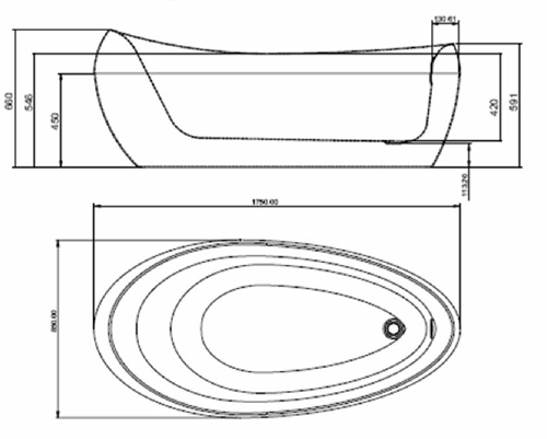 Technical image of Hudson Reed Purity Freestanding Luxury Bath With Waste (1750x830mm).