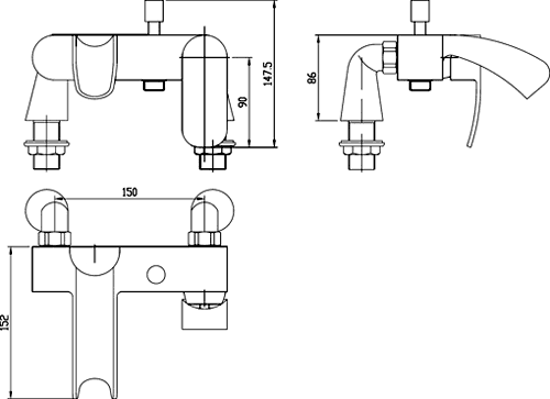 Technical image of Hudson Reed Reign Wall Mounted Waterfall Bath Shower Mixer Tap.