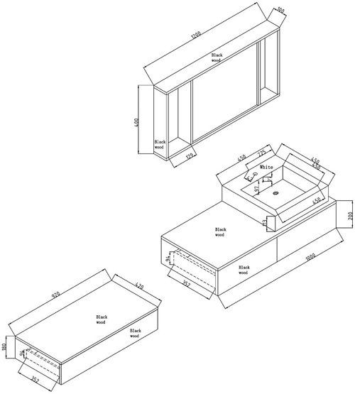 Technical image of Hudson Reed Levity Wall Hung Furniture Set (Black Wood).