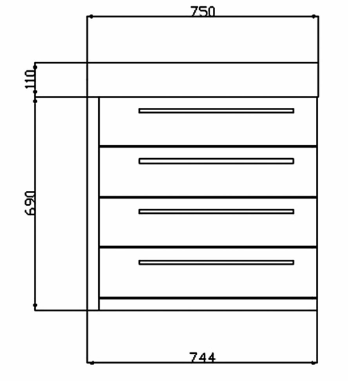 Technical image of Hudson Reed Sequence 750 Wall Hung Vanity Unit With Basin & Drawers (Walnut).