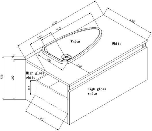 Technical image of Hudson Reed Pearl 1100 Wall Hung Vanity Unit With Basin & Drawer (White).