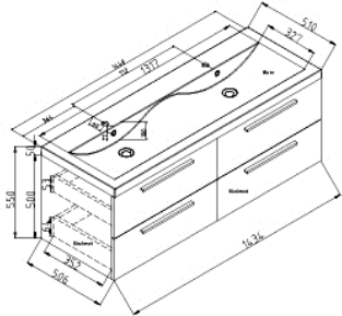 Technical image of Hudson Reed Quartet Wall Hung Vanity Unit & Double Basin (Graphite).