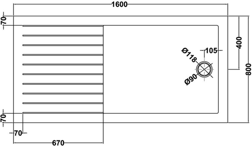 Technical image of Hudson Reed Shower Trays Walk In Shower Tray. 1600x800x40mm.