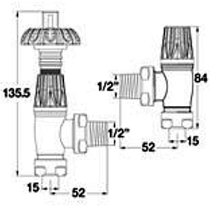 Technical image of Towel Rails Thermostatic Antique Radiator Valves Pack Angled (Brass, Pair).