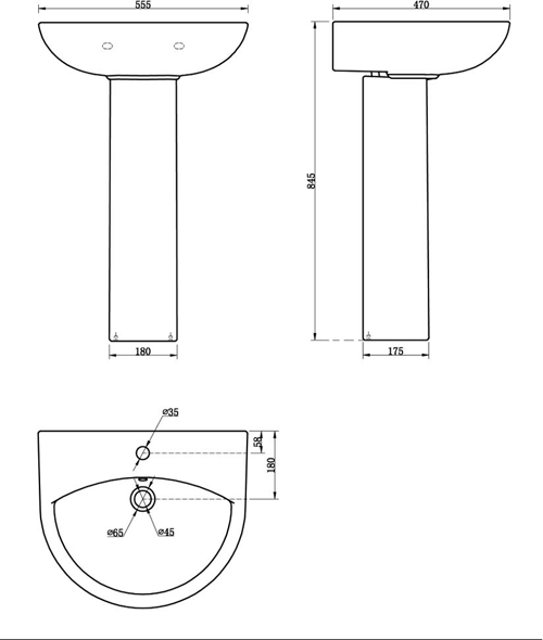 Technical image of Premier Saffron Bathroom Suite With BTW Pan, Basin & Full Pedestal.